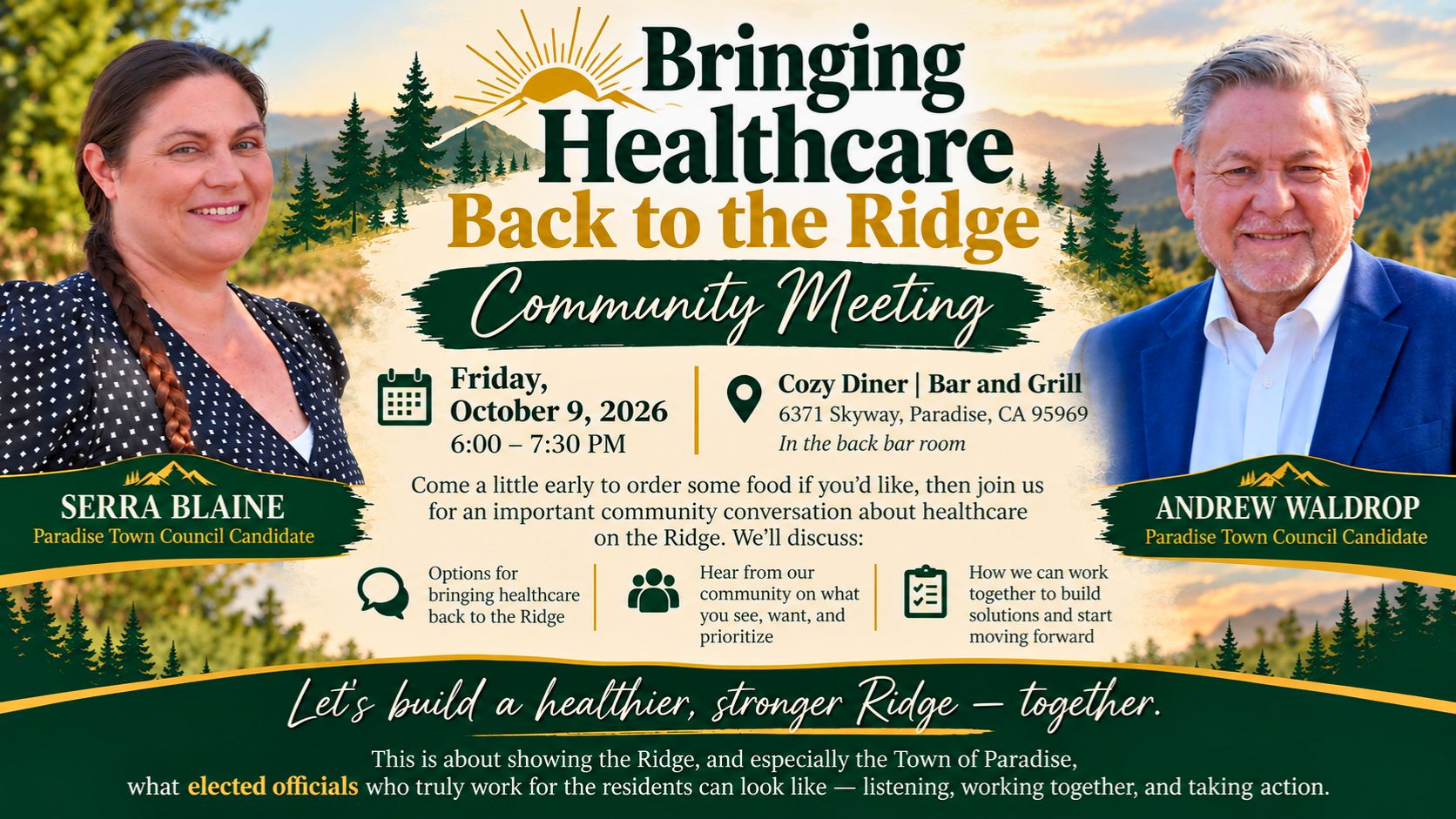 Bringing Healthcare Back to the Ridge Community Meeting flyer with Serra Blaine and Andrew Waldrop, Paradise Town Council candidates. Friday, October 9, 2026, 6 to 7:30 PM at the Cozy Diner Bar and Grill, 6371 Skyway, Paradise, in the back bar room.