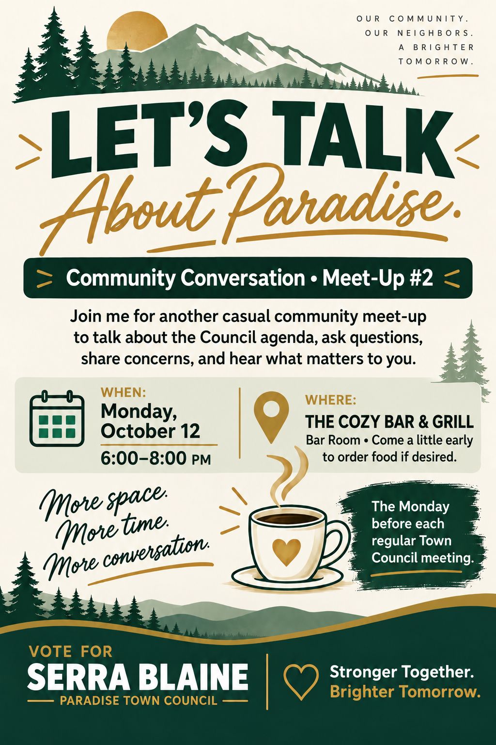 LET'S TALK About Paradise Community Conversation Meet-Up #2 flyer: Monday, October 12, 6 to 8 PM at The Cozy Bar and Grill, Bar Room.